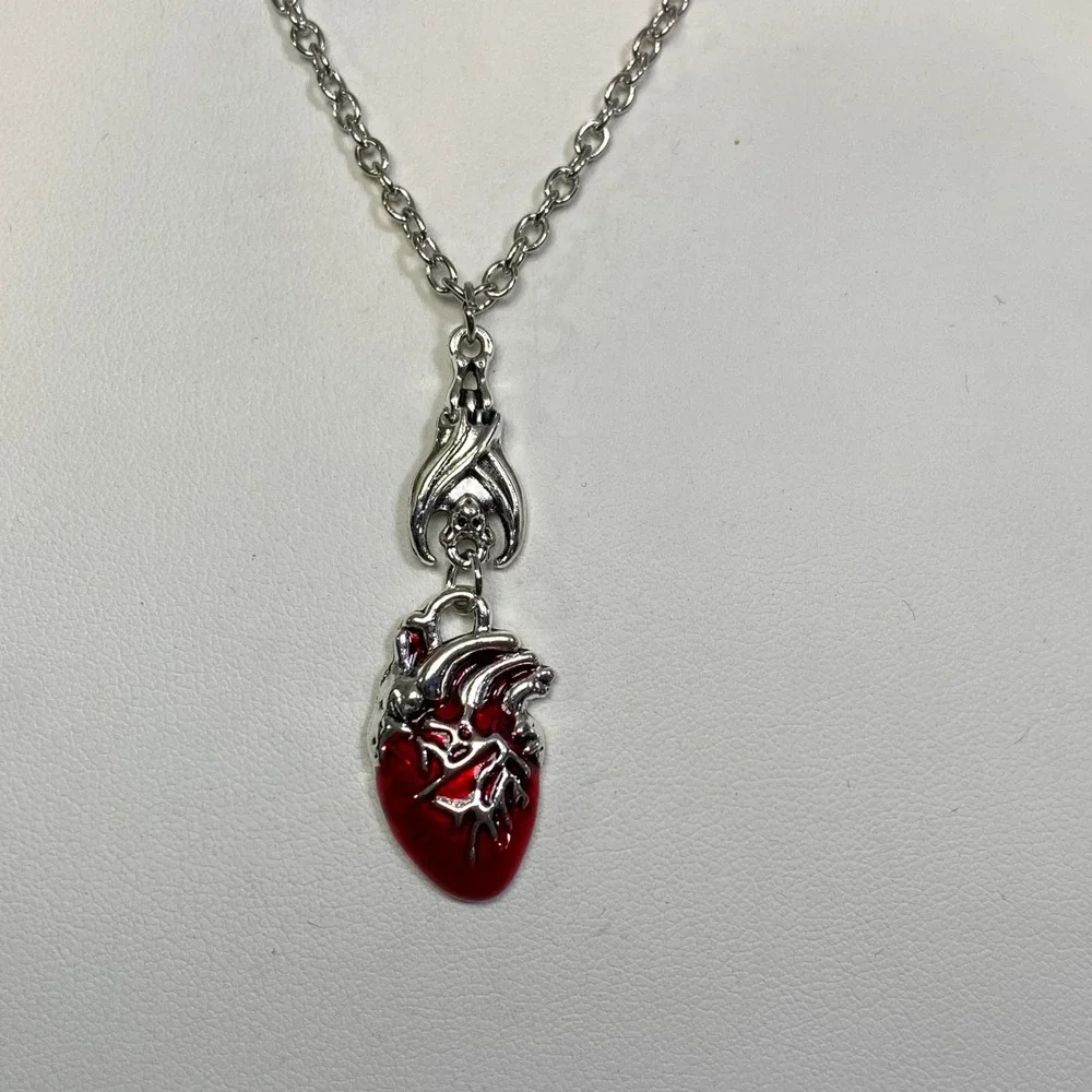 Anatomical Heart Bat Pendant Necklace Women's Gothic Halloween Silvertone  18in